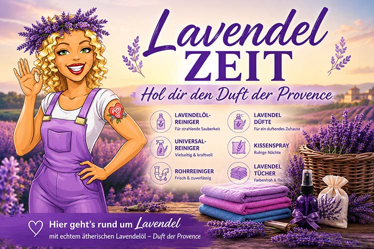 Lavendelöl-Reiniger für Sauberkeit und Duft der Provence, Universalreiniger für vielseitige Reinigung, Rohrreiniger für Frische, Kissenspray für entspannte Nächte, Lavendel Tücher für Farbenfrohheit, mit ätherischem Lavendelöl.