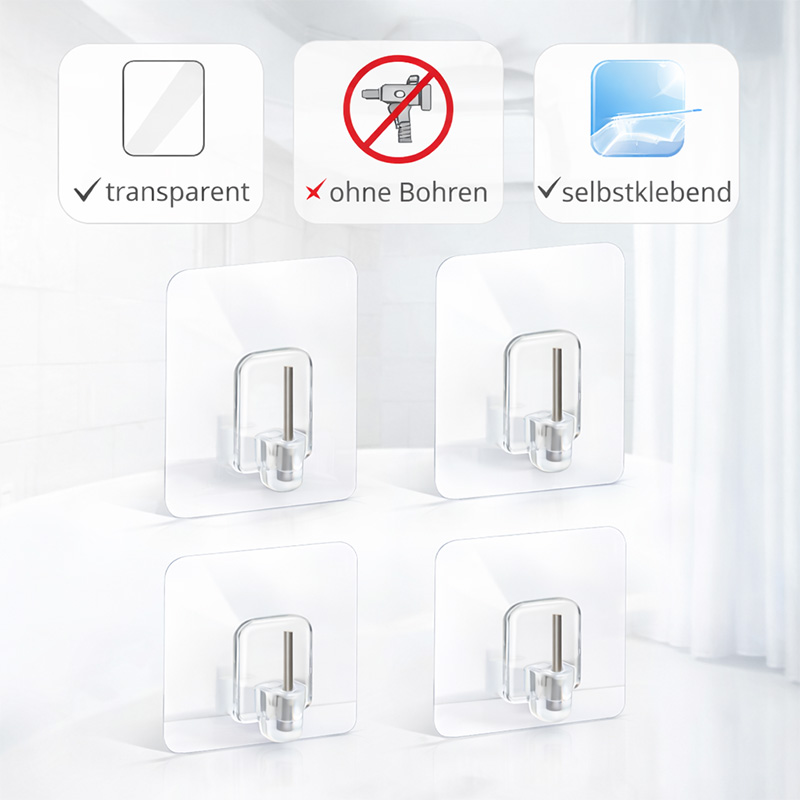 Transparente selbstklebende Klebehaken für Scheibengardinen, 4-teiliges Set, ohne Bohren, multifunktional, ideal für Küche und Bad, starke Haftkraft, rückstandslos entfernbar, wiederverwendbar, praktisch für leichte Vorhänge und Dekorationen.