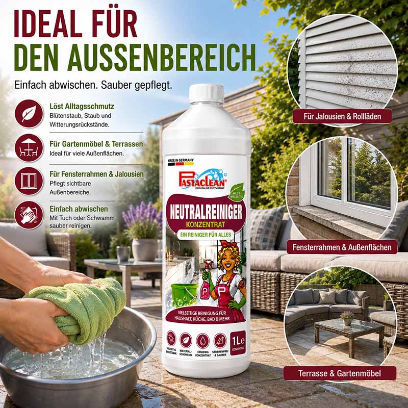 Pastaclean Neutralreiniger Konzentrat Allzweckreiniger für Küche, Bad, Böden, Fenster, ideal für Außenbereich, Reinigung von Jalousien, Rollläden, Fensterrahmen, Gartenmöbeln, universell einsetzbar bei Schmutz und Ablagerungen.