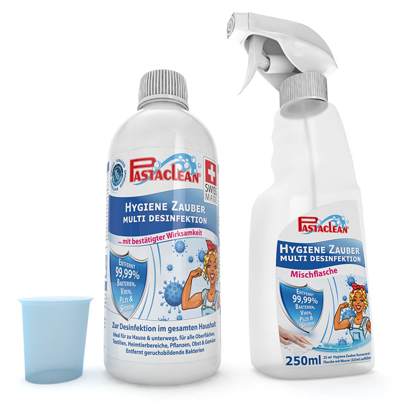 Pastaclean Hygiene Zauber Flächendesinfektion mit 500-ml-Konzentratflasche, Sprüh-Mischflasche und Dosierbecher – Multi-Desinfektion gegen Bakterien, Viren, Pilze und Sporen