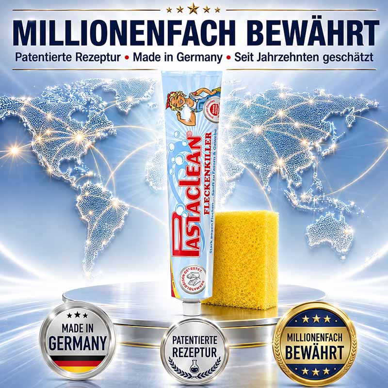 Fleckenpaste 100ml, Pastaclean, patentierte Rezeptur, Made in Germany, effektive Fleckenentfernung, zuverlässige Reinigungsprodukte, Fleckenentferner, Haushaltsreiniger, Reinigungspaste, hochwertige Qualität, Millionenfach bewährt, Reinigungsmittel.