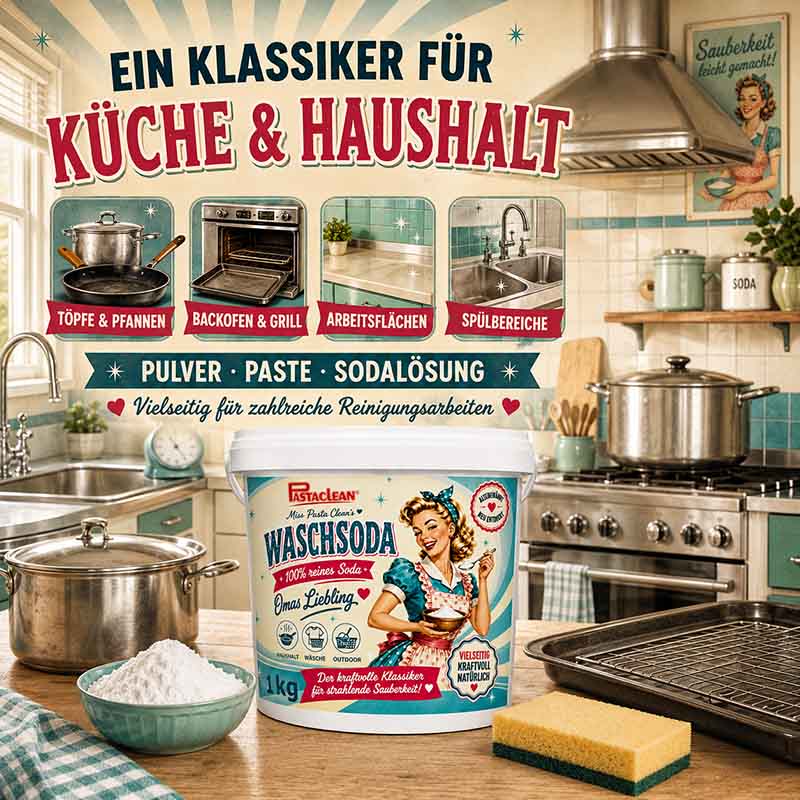 Pastaclean Waschsoda 1 kg, reines Natriumcarbonat für effektive Reinigung im Haushalt, zur Beseitigung von Fett, Schmutz und Flecken; geeignet für Küche, Wäsche und Garten.