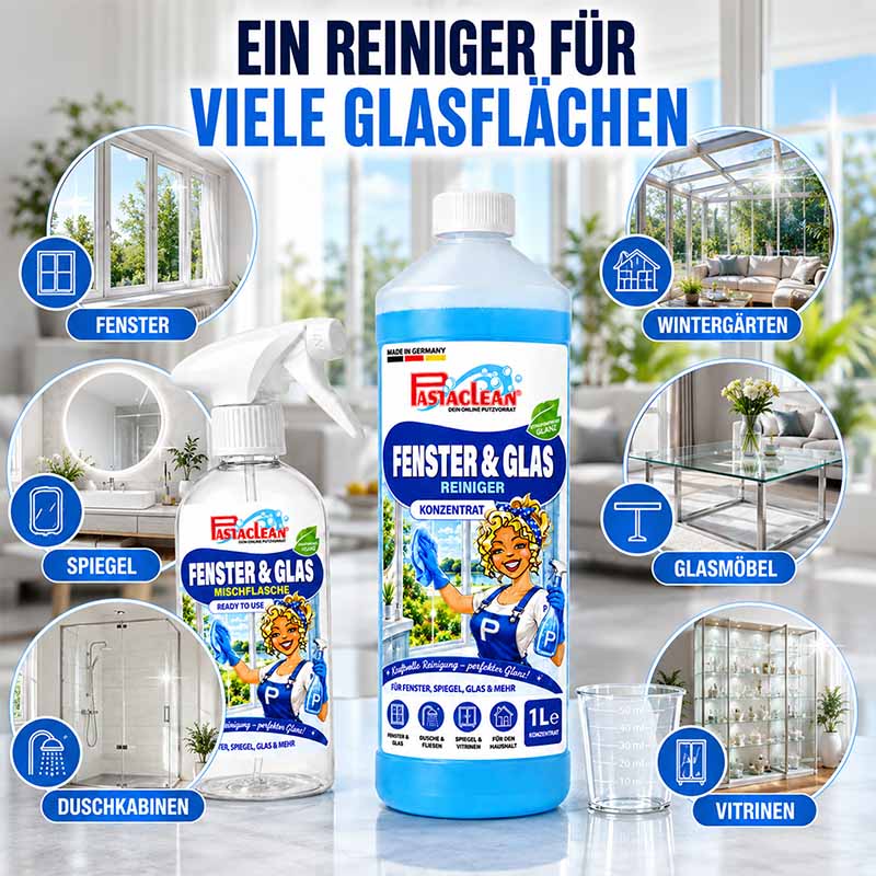 Fensterreiniger Konzentrat 1 Liter, Glasreiniger für streifenfreie Reinigung von Fenster, Spiegel, Duschkabinen, Glasflächen, Wintergärten, Glasmöbel, Vitrinen. Optimal für klare Glasreinigung und vielseitige Anwendbarkeit.