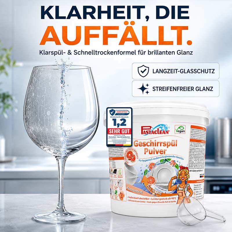 Pastaclean Geschirrspülpulver für strahlend sauberes Geschirr geeignet für Spülmaschinen, schnell trocknend, mit Langzeit-Glasschutz für streifenfreien Glanz, 2 kg Packung, vegan.