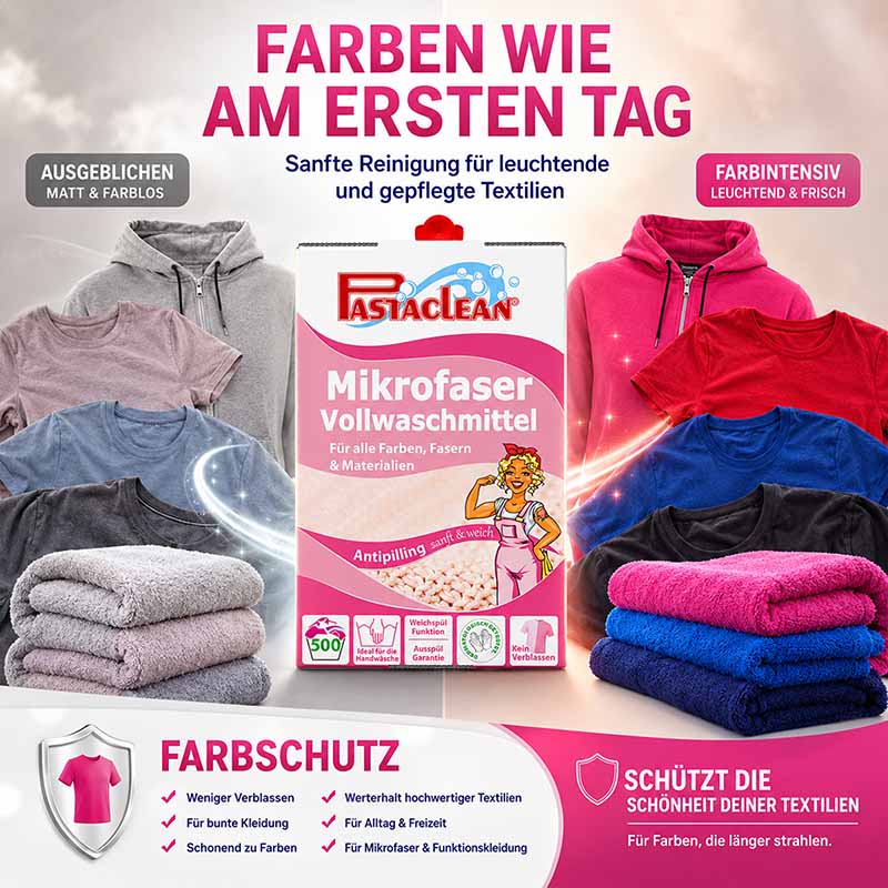 Pastaclean Mikrofaser Waschmittel Antipilling 5Liter 500WL. Ideal für Farben, Fasern, Materialien. Schutz vor Verblassen, sanft und weich, geeignet für Mikrofaser- und Funktionskleidung. Für leuchtende und gepflegte Textilien, Farbschutz, wäscht matt und