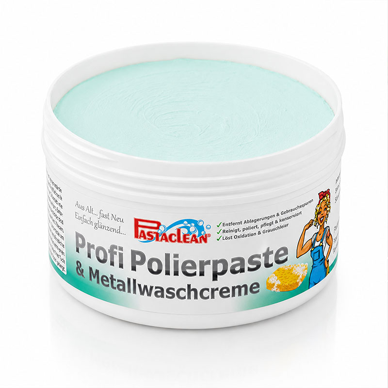 Profi Polierpaste 500g Dose, Pastaclean, speziell für Metall, reinigt, poliert, pflegt, konserviert, entfernt Ablagerungen, Gebrauchsspuren, löst Oxidation, für glänzende Oberflächen, Anwendung Haushaltsreinigung, Autopflege.
