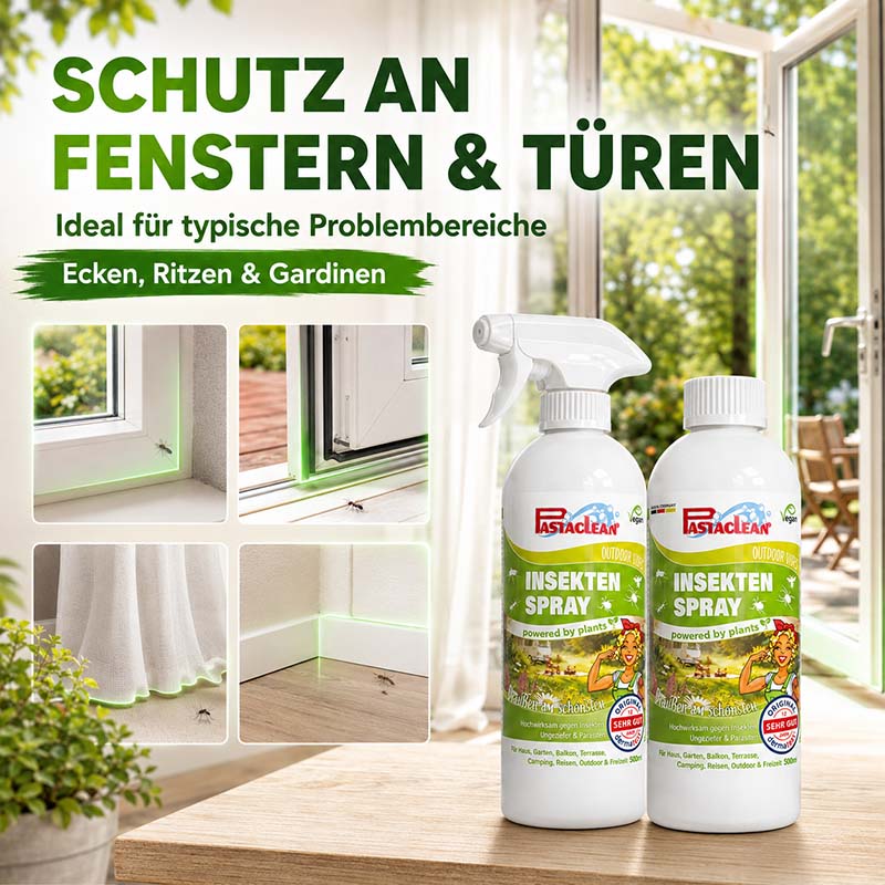 Pastaclean Insektenspray 2x 500ml für Insektenschutz an Fenstern und Türen, ideal für Ecken, Ritzen und Gardinen, pflanzenbasiert, Anwendung in Haus und Garten.