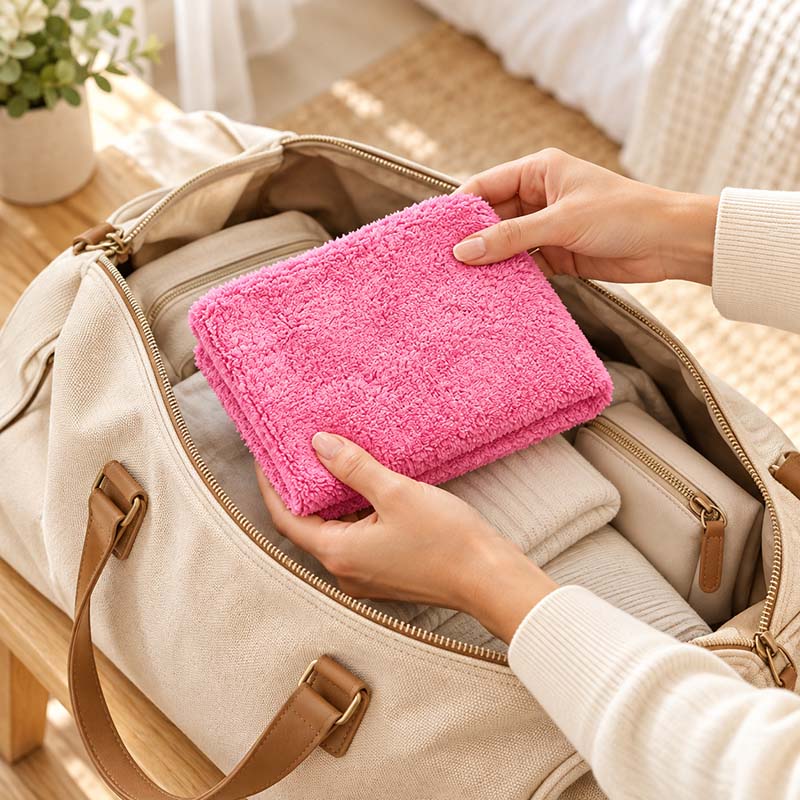Handliches Gästehandtuch beim Packen einer Reisetasche