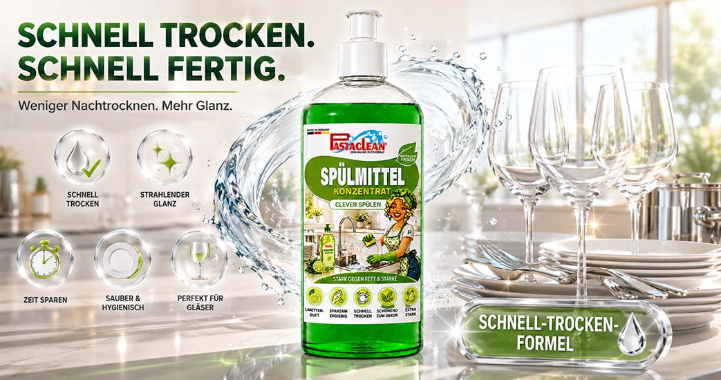 Pastaclean Spülmittelkonzentrat Limettenduft für sparsames Geschirrspülen, stark gegen Fett und Stärke, schnell trocknend, besonders geeignet für Gläser, hygienisch und schonend zur Deko, mit der Schnell-Trocken-Formel.