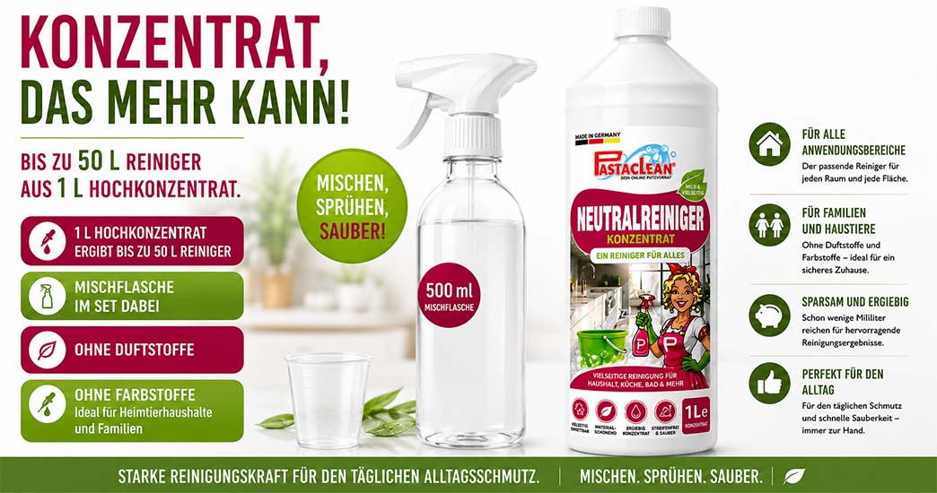 Pastaclean Neutralreiniger Konzentrat für vielseitige Reinigung im Haushalt, Küche, Bad, mit Mischflasche, ohne Duft- und Farbstoffe, ideal für Heimtierhaushalte und Familien.