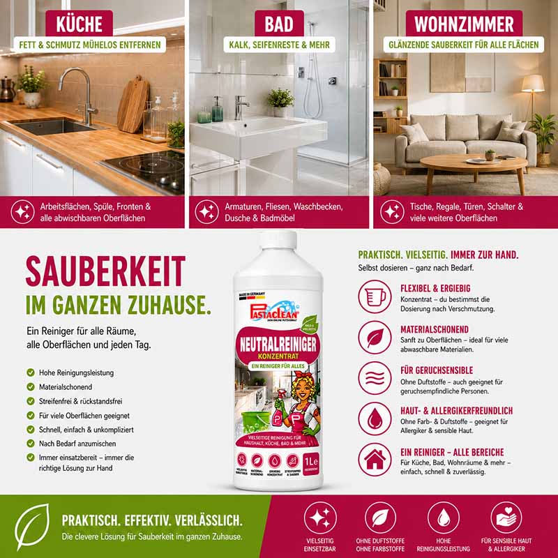 Pastaclean Neutralreiniger Konzentrat 1 L, Allzweckreiniger für Küche, Bad, Böden, Fenster, geeignet zur Entfernung von Fett, Seifenresten und Kalk auf abwischbaren Oberflächen, materialschonend und ergiebig.