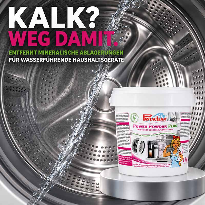 Pastaclean Maschinenreiniger Power-Powder Plus, 1 kg, entfernt Kalk und Ablagerungen effektiv in wasserführenden Haushaltsgeräten, ideal für Waschmaschinen und Geschirrspüler.
