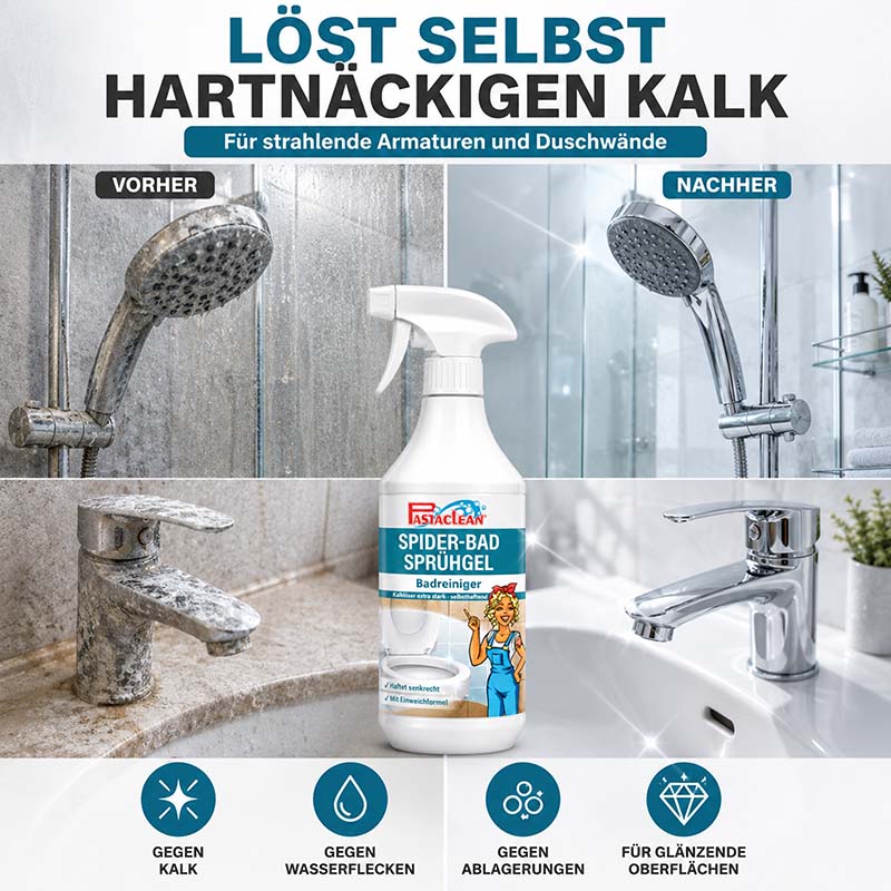 Spider Bad Sprühgel 1 l, Badreiniger für hartnäckigen Kalk, gegen Kalk, Wasserflecken und Ablagerungen, geeignet für Armaturen und Duschwände, für glänzende Oberflächen, Vorher-Nachher-Darstellung von sauberem und verkalktem Wasserhahn und Duschkopf.