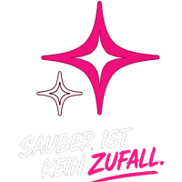Grafik mit dem Text: "Sauber ist kein Zufall" und geometrischen Sternformen. Thema Reinigung, Sauberkeit, Hygiene, Slogan.