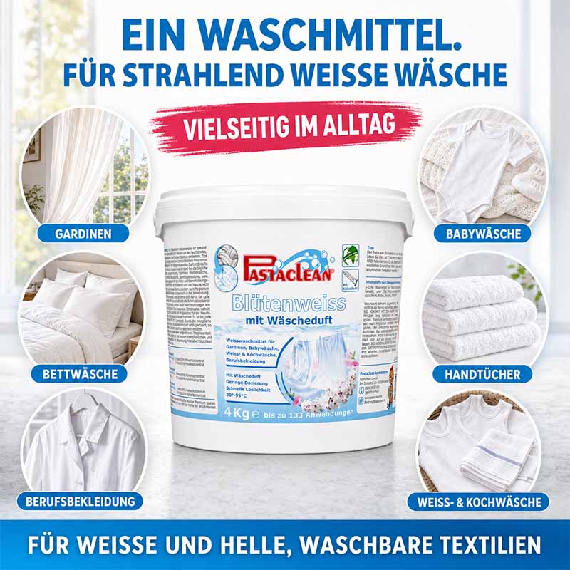 Pastaclean Blütenweiss Weißwaschmittel 4Kg für strahlend weiße Wäsche, geeignet für Gardinen, Babywäsche, Bettwäsche, Handtücher, Berufskleidung sowie weiße und kochfeste Textilien, mit frischem Wäschedurft.