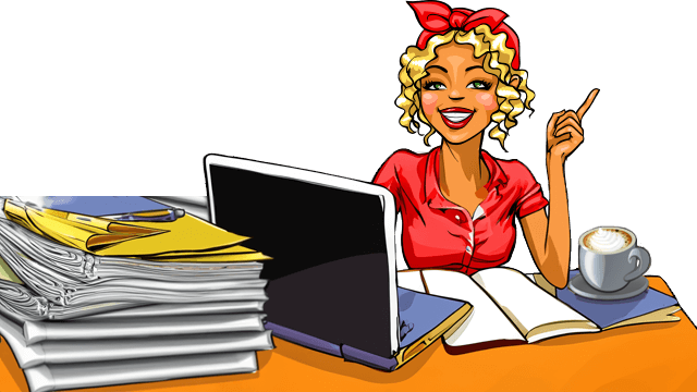 Miss Pastaclean sitzt am Schreibtisch mit Notebook Miss Pastaclean sitzt am Schreibtisch mit Notebook