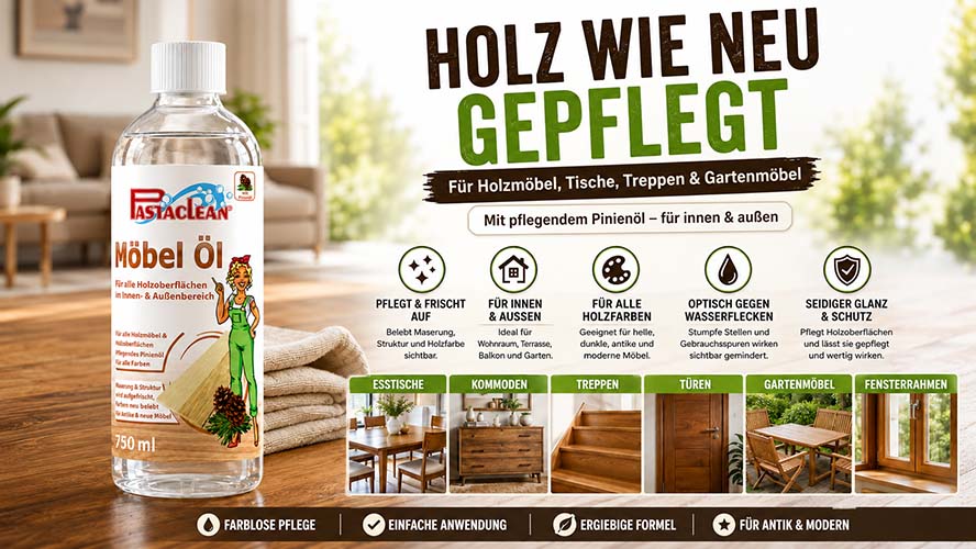 Pastaclean Möbel Öl für Holzoberflächen innen und außen, mit Pinienöl für Holzmöbel, Tische, Treppen, Gartenmöbel; belebt Maserung, schützt und pflegt Holzoberflächen.