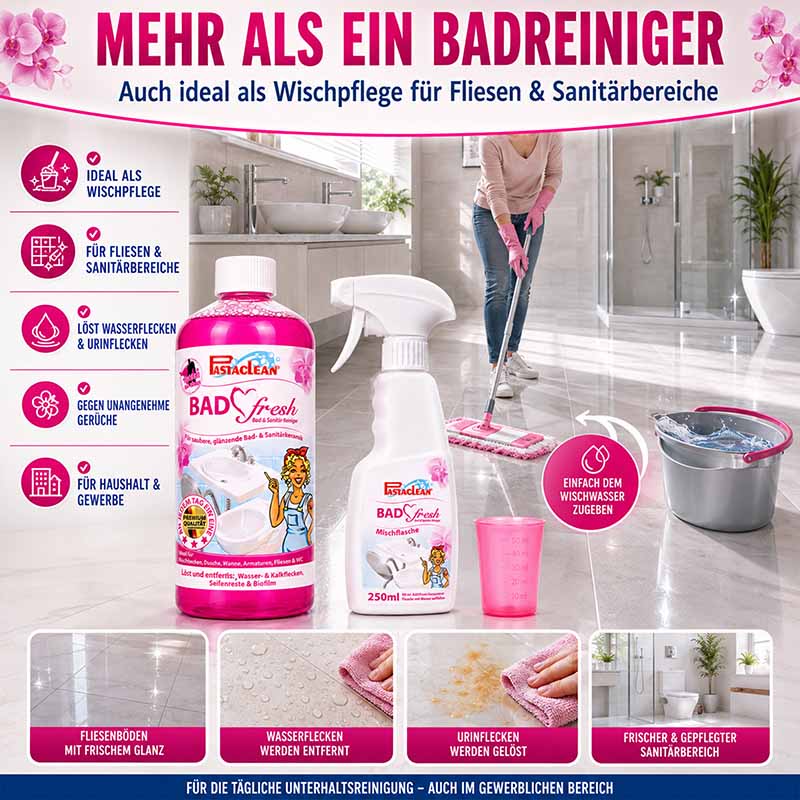 Badfresh Sanitärreiniger 1 Liter für Fliesen und Sanitärbereiche. Ideal als Wischpflege gegen Wasser- und Urinflecken. Frischer Glanz und angenehmer Duft für Haushalt und Gewerbe. Reinigungslösung für glänzende Oberflächen.