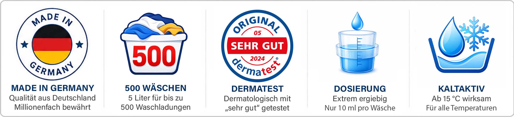 Waschmittel, Made in Germany, für bis zu 500 Waschladungen, dermatologisch getestet, extrem ergiebige Dosierung bei 10 ml pro Wäsche, wirksam ab 15°C für alle Temperaturen