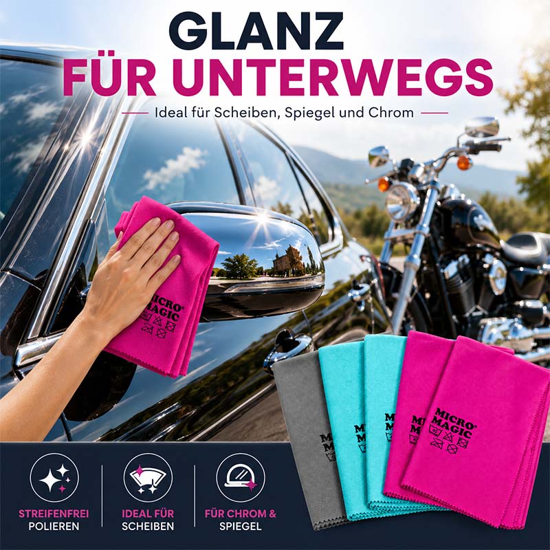 Micro Magic Glas- und Poliertücher Set 5-tlg., bunt, ideal für streifenfreies Polieren von Scheiben, Spiegeln und Chromflächen, perfekt für den Einsatz unterwegs und zuhause.