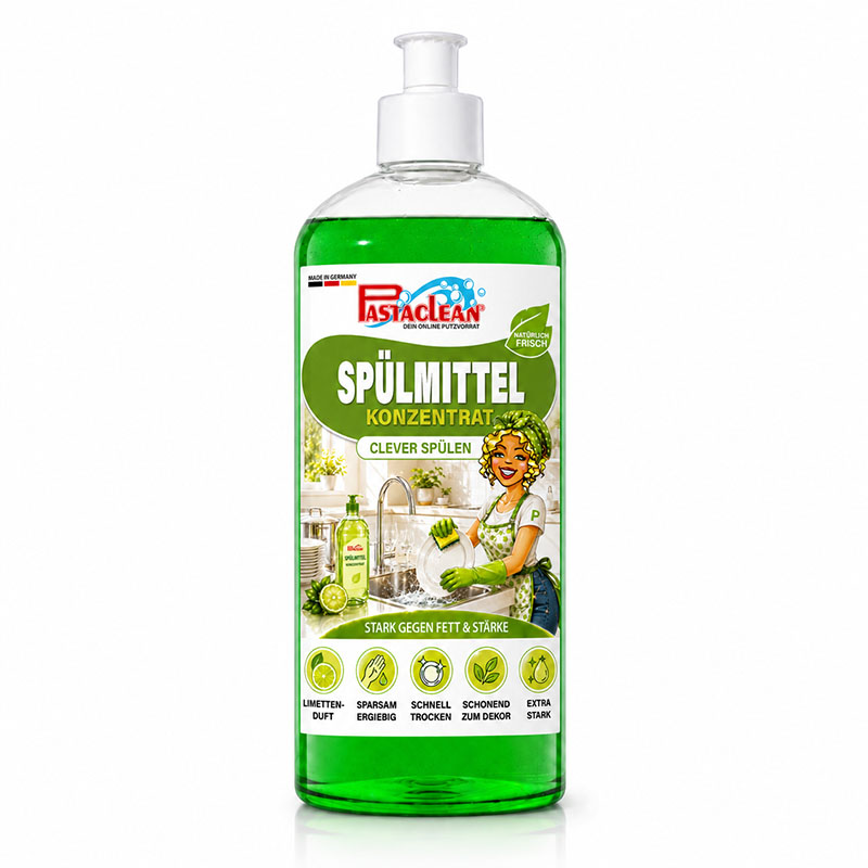 Pastaclean Spülmittel Konzentrat 500ml Geschirrspülmittel mit Limettenduft, fettlösend, streifenfrei, Schnell-Trocken-Formel, effektiv gegen Fett und Stärke, schonend zum Dekor, sparsam und ergiebig