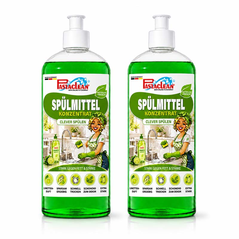 Pastaclean Spülmittel Konzentrat fettlösendes Geschirrspülmittel mit Schnell-Trocken-Formel und Limettenduft für streifenfreies Spülen, enthält zwei 500 ml Flaschen, geeignet für starke Verschmutzungen auf Geschirr und Gläsern.