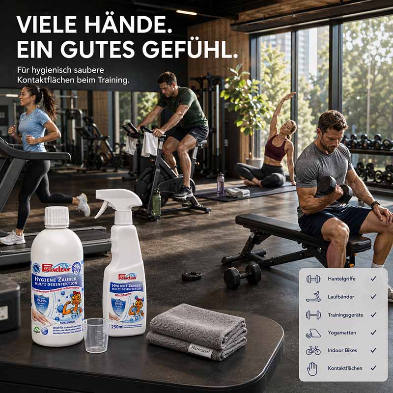 Pastaclean Flächendesinfektion Konzentrat Hygiene Zauber, 500 ml, Desinfektionsmittel für hygienische Reinigung von Oberflächen, ideal für Trainingseinrichtungen, reinigt Hantelgriffe, Laufbänder, Yogamatten und Kontaktflächen.