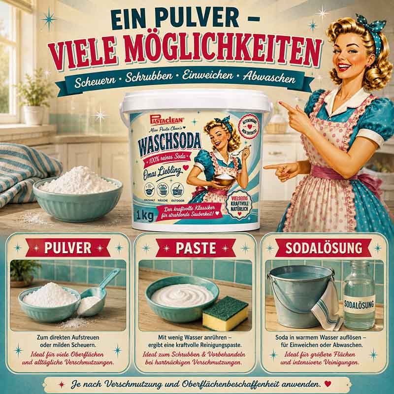 Pastaclean Waschsoda 1 kg reines Natriumcarbonat entfernt Fett, Schmutz, Flecken, ideal für Haushalt, Wäsche, Garten; vielseitig einsetzbar als Pulver, Paste oder Sodalösung