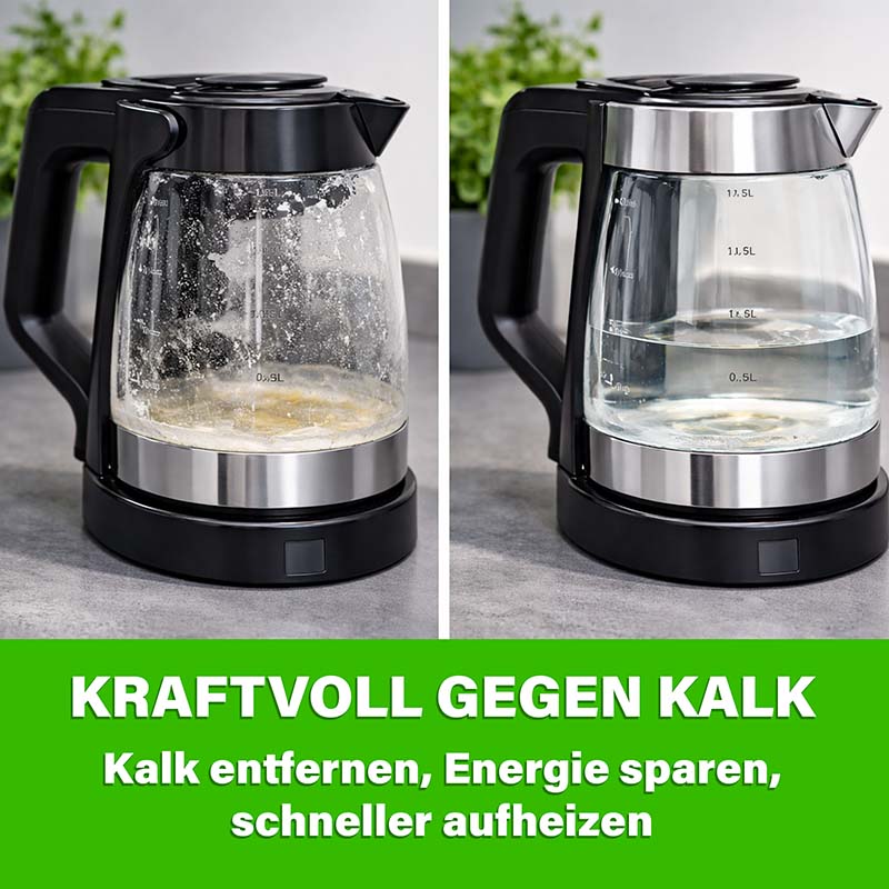 Entkalker Konzentrat Vergleich vor und nach der Anwendung an Wasserkocher. Starke Kalklösekraft, Energie sparen, schneller aufheizen. 1000 ml Flasche. Effektive Kalkentfernung für Haushaltsgeräte. Ideal für Küche und Bad.