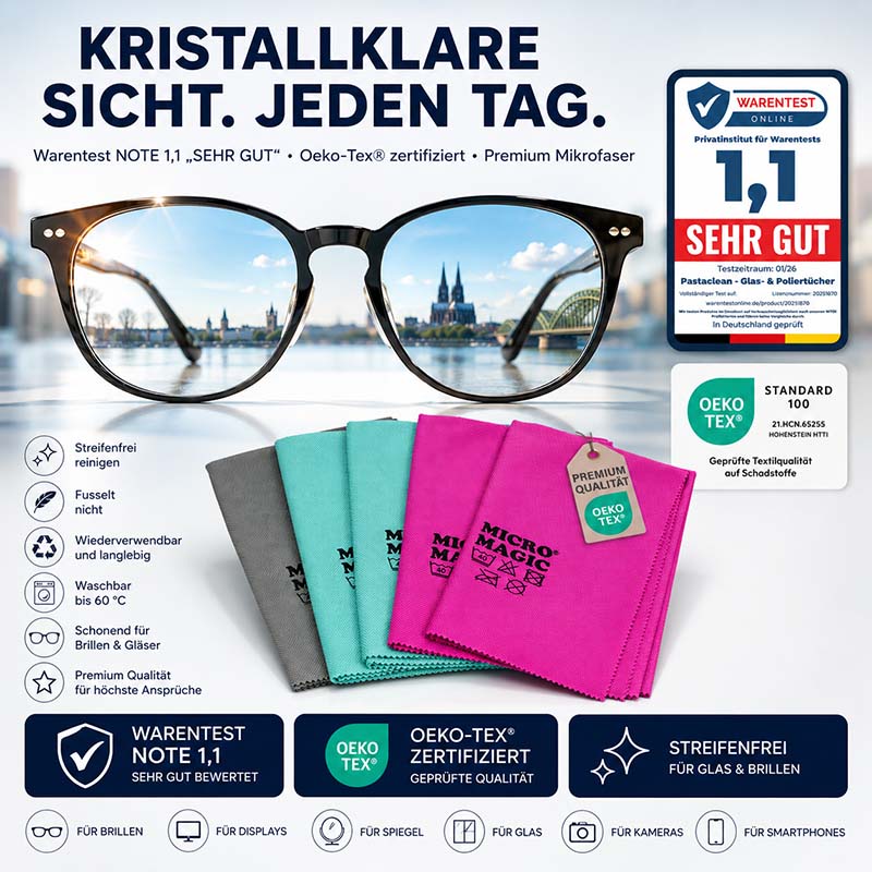 Pastaclean Glas- & Poliertücher, 5tlg, streifenfreie Reinigung, Premium Mikrofaser, Oeko-Tex zertifiziert, für Brillen, Gläser, Displays, wiederverwendbar, bis 60°C waschbar
