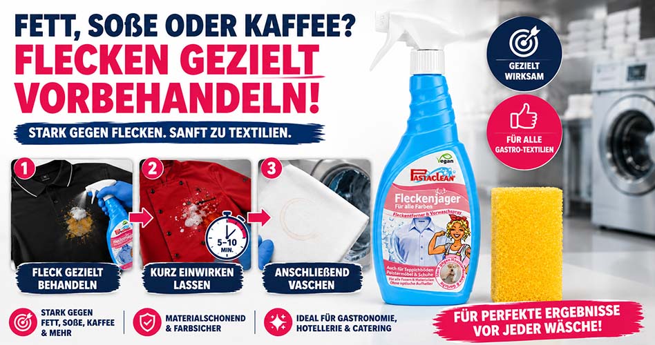 Pastaclean Fleckenjäger Spray für die gezielte Vorbehandlung von Fett-, Soßen- und Kaffeeflecken auf Textilien, materialschonend, für Gastronomie und Hotellerie geeignet.