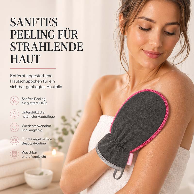 Peelinghandschuh & Waschhandschuh 3er Set in Beere für Gesicht, Körper, Dusche und Make-up Entfernung, ideal für sanftes Peeling und glatte Hautpflege, wiederverwendbar und pflegeleicht.