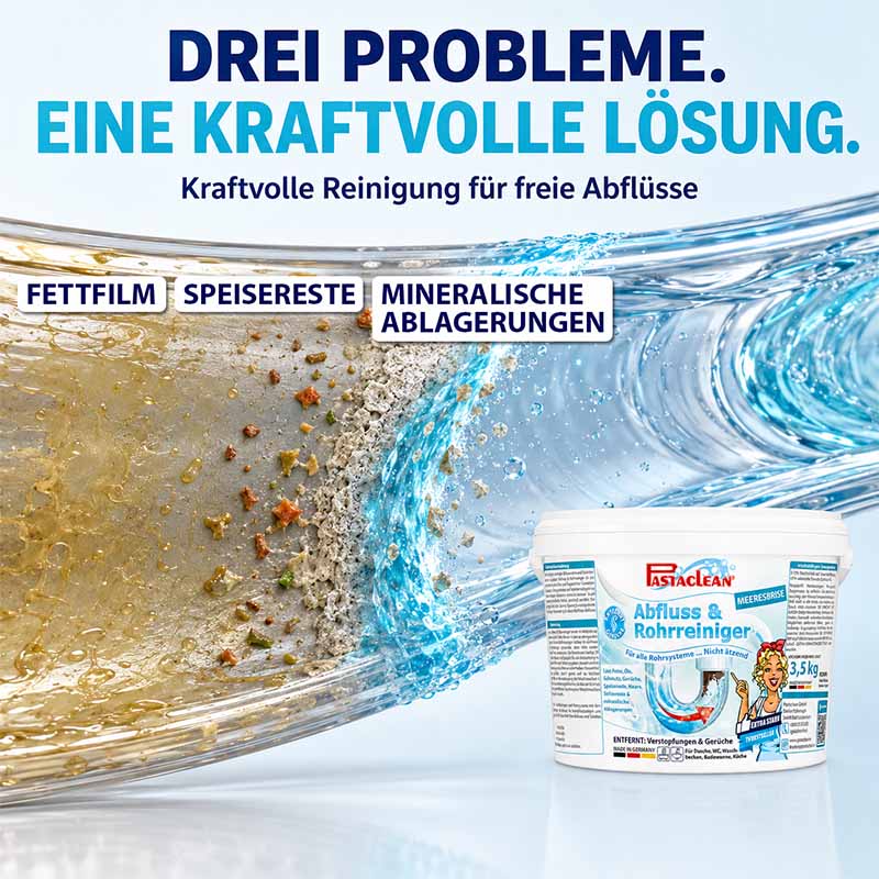 Pastaclean Abfluss- & Rohrreiniger Meeresbrise 3,5Kg zur kraftvollen Beseitigung von Fettfilm, Speiseresten und mineralischen Ablagerungen für freie Abflüsse und saubere Rohre geeignet.