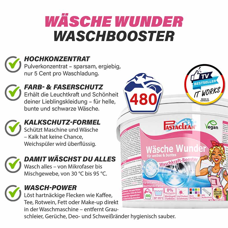 Pastaclean Wäsche Wunder Waschkraft-Booster 3 kg Vorratspack für 480 Wäschen – Pulverkonzentrat mit Kalkschutz-Formel, Farb- und Faserschutz, entfernt Flecken und Gerüche, vegan & mikroplastikfrei