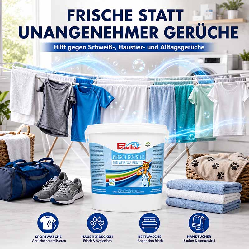 Waschbooster 2 kg, neutralisiert Gerüche, geeignet für Sportwäsche, Haustierdecken, Bettwäsche, Handtücher; frische statt unangenehme Gerüche; unterstützt gegen Schweiß-, Haustier- und Alltagsgerüche, frische und hygienische Wäsche.