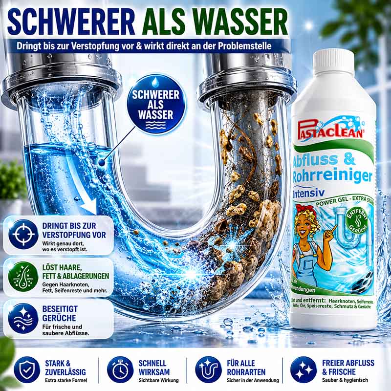 Pastaclean Intensiv Rohrreiniger, entfernt Haare, Fett und Ablagerungen, beseitigt Gerüche, geeignet für alle Rohre, 2x 750ml Flaschen, kraftvolle Formel für Abflussreinigung, hygienisch sauber.
