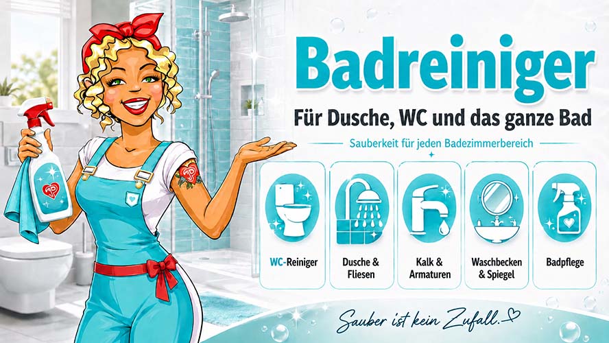 Badreiniger für Dusche, WC und das ganze Bad, geeignet für WC-Reiniger, Dusche, Fliesen, Kalk, Armaturen, Waschbecken, Spiegel und Badpflege.