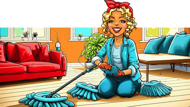Miss Pastaclean wischt den Boden im Wohnzimmer Miss Pastaclean wischt den Boden im Wohnzimmer