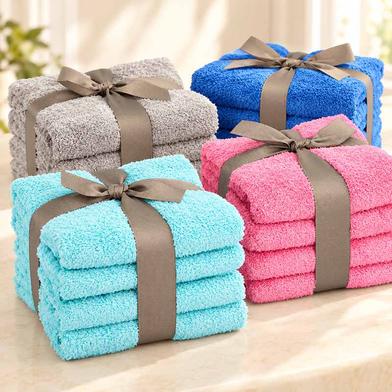 Handtuch-Geschenksets in Türkis, Beere, Grau und Blau mit dekorativen Schleifen