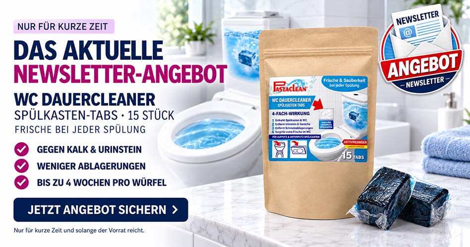 Pastaclean WC DauerCleaner Spülkasten-Tabs zur Entfernung von Kalk und Urinstein in Toiletten, frische bei jeder Spülung, 15 Stück, für nachhaltige Reinigung und Ablagerungsvermeidung.