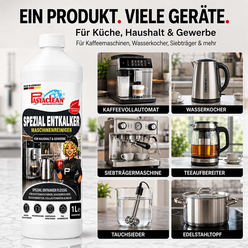 Pastaclean Entkalker Konzentrat für Kaffeemaschine, Kaffeevollautomat, Wasserkocher und Siebträger; geräteschonender Maschinenreiniger für Haushalt und Gewerbe, 1 Liter
