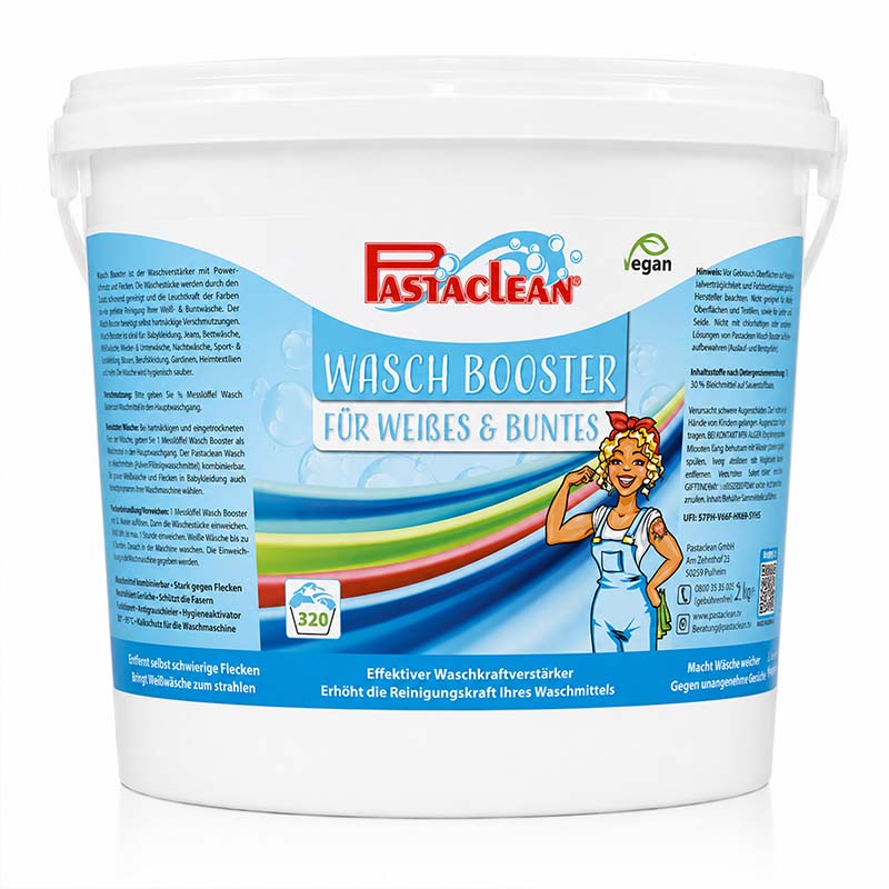 Waschbooster 2 kg Eimer, Pastaclean, für Weißes und Buntes, vegan, effektiver Waschmittelverstärker, entfernt Flecken, für leuchtende Wäsche, Verpackung mit Logo und Beschreibung, hoher Reinigungsfaktor, geeignet für alle Waschmaschinen.