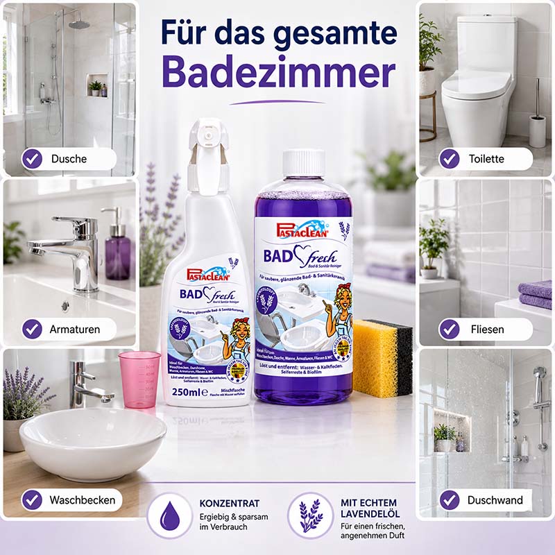 Badfresh Badreiniger Konzentrat mit Lavendelöl, 1.000 ml, geeignet für Dusche, Toilette, Armaturen, Fliesen, Waschbecken, Konzentrat für sparsamen Verbrauch, frischer Lavendelduft, Badreinigung, Sanitärreiniger.