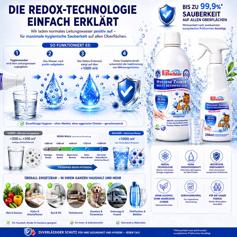 Pastaclean Flächendesinfektion Konzentrat für Oberflächen mit Redox-Technologie, geeignet für Haushalt, Küche, Bad, und Haustiere, alkoholfrei, geruchsneutral, 3x 500 ml.