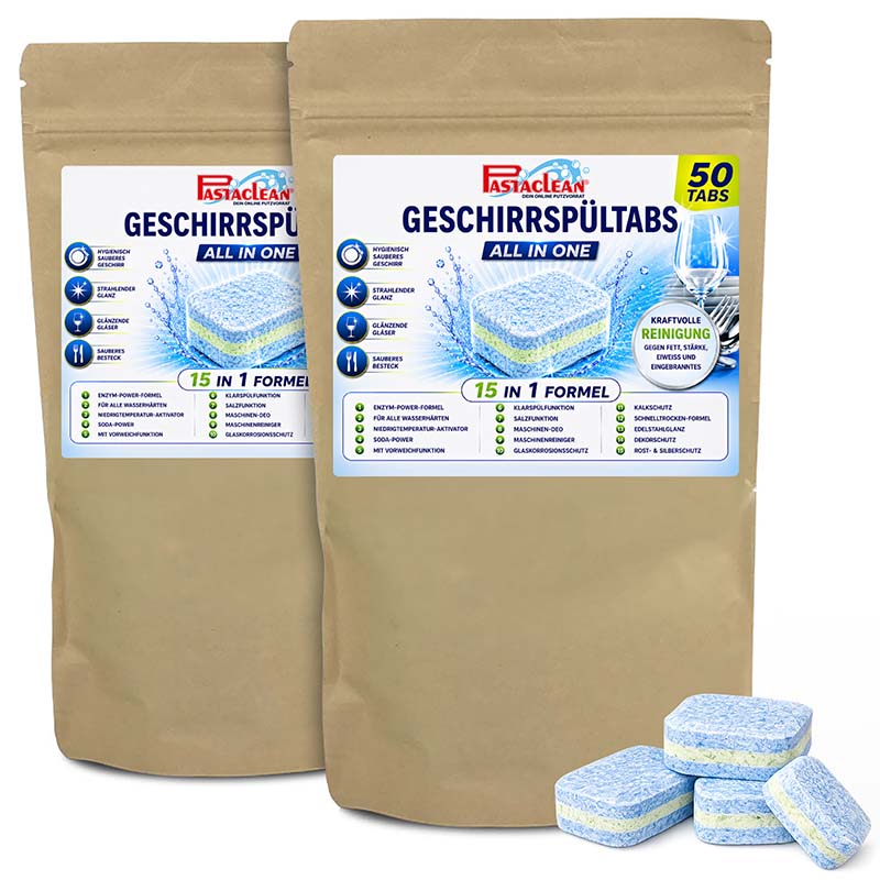 Spülmaschinentabs 100 Stück, All-In-One Geschirrspültabs, starke Fettlösekraft, 15 in 1 Formel, glänzende Reinheit, Verpackung zeigt Tabs und Produktinformationen. Ideal für Geschirrspüler.