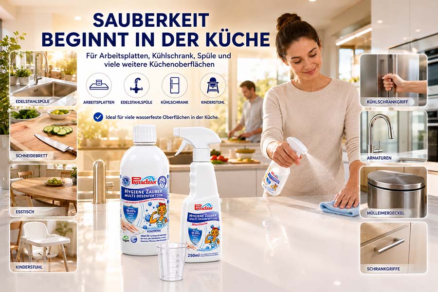 Pastaclean Hygiene Zauber Multi Desinfektion für Küchenoberflächen, geeignet für Arbeitsplatten, Edelstahlspülen, Kühlschrankgriffe, Armaturen, Müllerdedeckel, Schrankgriffe, Schneidebrett, Ess- und Kinderstühle.