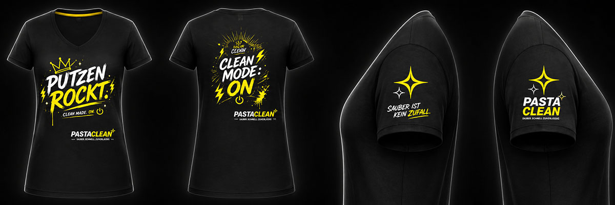 Schwarze T-Shirts mit gelber und weißer Schrift, Slogans "Putzen rockt", "Clean mode on" und "Sauber ist kein Zufall", Marke Pastaclean, Produkt für Reinigung, Freizeitkleidung, Mode, T-Shirt-Design, Statement-Shirts, Baumwoll-T-Shirts.