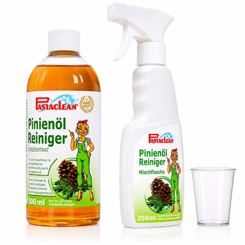 Pastaclean Pinienöl Reiniger Konzentrat, 500ml, für natürliche Holz- und Korkböden, ideal für Parkett und Laminat, pflegender Reiniger mit Frischeduft, inkl. Mischflasche für einfache Anwendung.