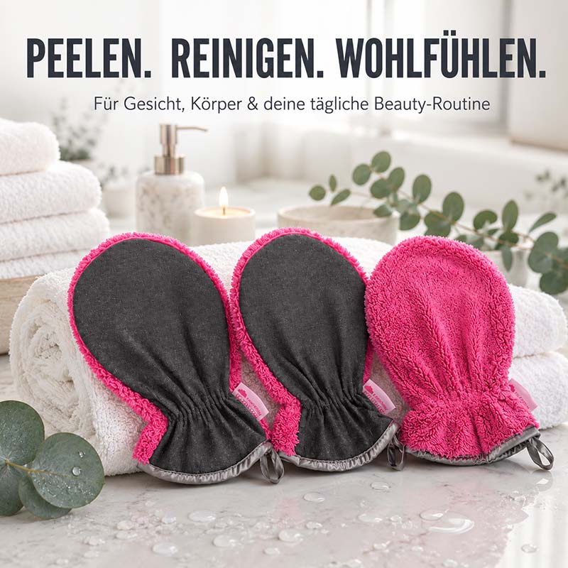 Peelinghandschuh & Waschhandschuh 3er Set in Beere für Gesicht, Körper, Dusche, Make-up Entfernung, ideal für tägliche Beauty-Routine, sanfte Reinigung und Peeling.
