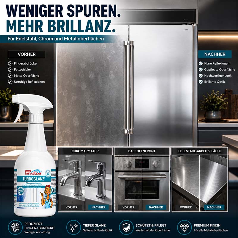 TurboGlanz Glasreiniger für Glas, Spiegel, Displays, Edelstahl, Lack, Hochglanzflächen, 750 ml Flasche mit Poliertuch, entfernt Fingerabdrücke, Fettschleier, sorgt für klare Reflexionen, gepflegte Optik.